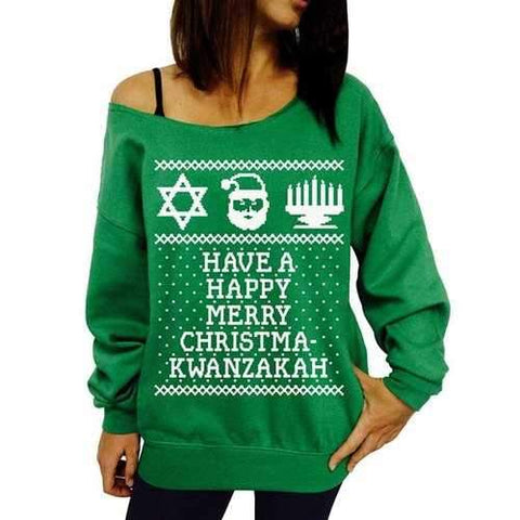 Women's Chic Long Sleeve Scoop Neck Letter Pattern Christmas Sweatshirt - Green M