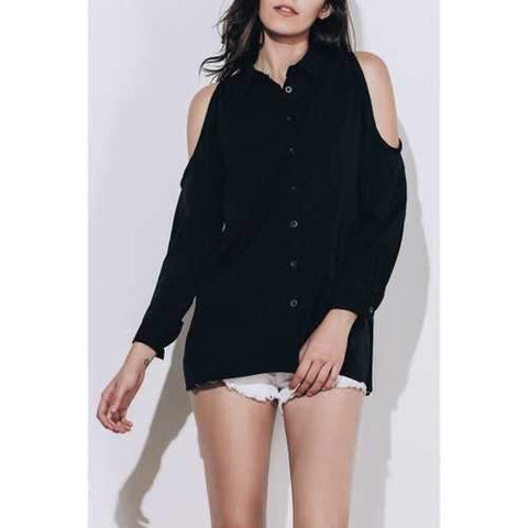 Chic Polo Collar Black Long Sleeve Blouse For Women - Black Xl