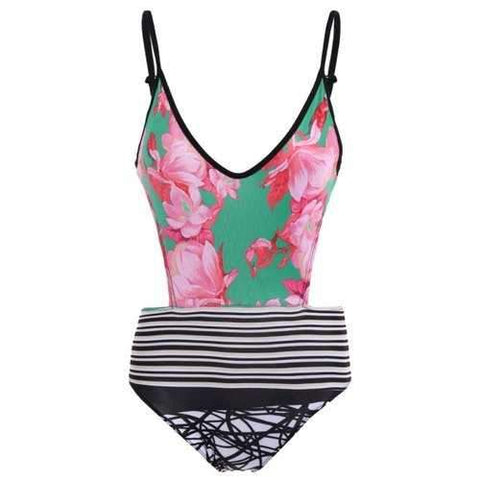 Floral and Stripe Panel Cut Out One-Piece Swimwear - L