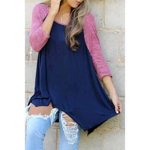 Casual Round Neck 3/4 Sleeve Color Block Irregular Hem Women's T-Shirt - Blue And Pink M