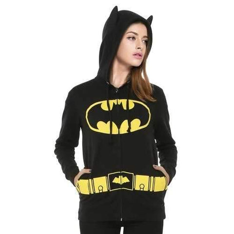 Stylish Hooded Long Sleeve Printed Pocket Design Women's Batman Hoodie - Black M