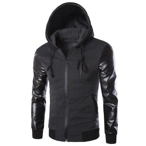 Vogue Drawstring Hooded PU Leather Spliced Zipper Design Long Sleeves Men's Slimming Jacket - Deep Gray Xl