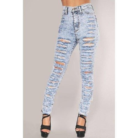 Stylish High-Waisted Skinny Ripped Women's Jeans - Light Blue S