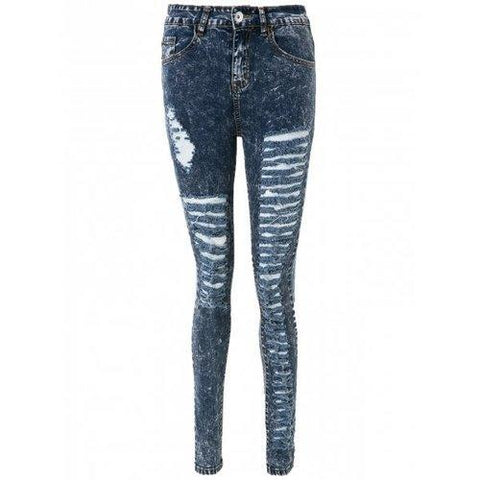 High Waisted Skinny Ripped Jeans - Deep Blue S