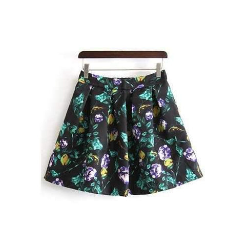 Stylish A-Line Ruffled Floral Print Women's Skirt - Black L
