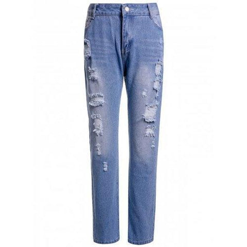 Casual High-Waisted Ripped Frayed Women's Ninth Jeans - Blue L
