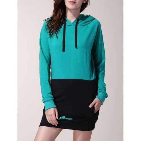 Attractive Drawstring Hooded Hit Color Long Pullover Hoodie For Women - Black And Green S