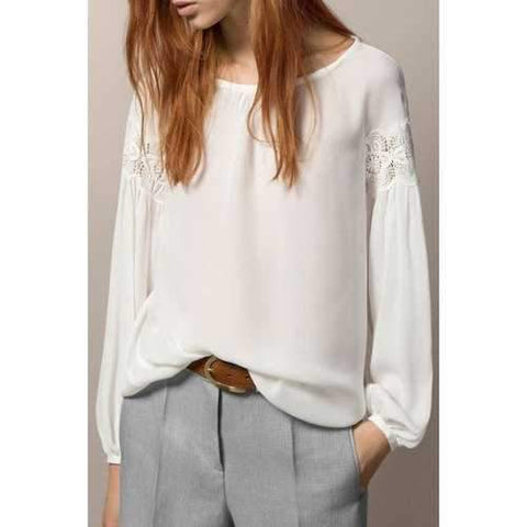 Fashion Round Collar Long Sleeve Solid Color Lace Spliced Women's Blouse - White M
