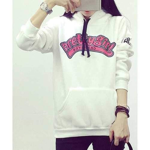 Casual Hooded Letter Pattern Flocking Long Sleeve Hoodie For Women - White L