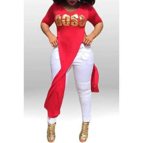Trendy V-Neck 3/4 Sleeve Letter Printed High Slit Long Blouse For Women - Red Xl