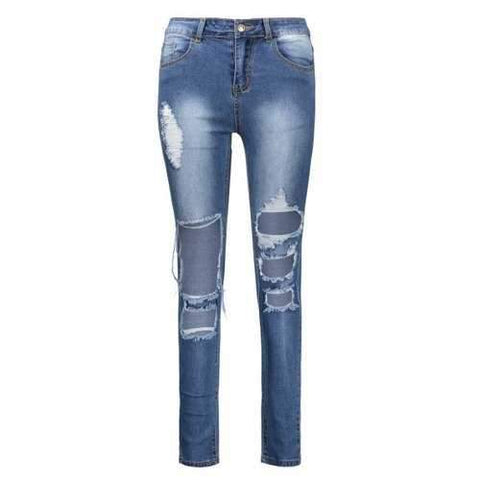 Ankle Length High Waisted Skinny Ripped Jeans - Deep Blue S