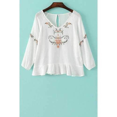 Stylish V-Neck 3/4 Sleeve Embroidery Back Cut Out Women's Blouse - White S