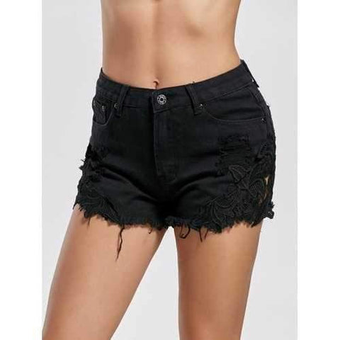 High Waist Lace Trim Denim Mini Shorts - Black L
