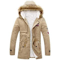 Slim Fit Long Sleeve Zipper Emblem Decorated Fur Collar Hooded Parka Coat For Men - Khaki M