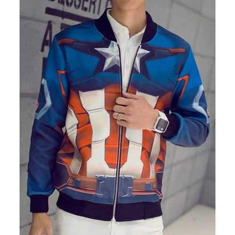 3D Captain America Print Rib Spliced Hit Color Fitted Stand Collar Long Sleeves Men's Vogue Jacket - Blue L