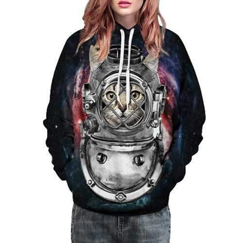 Stylish Hooded Long Sleeve 3D Cat Print Loose-Fitting Women's Pullover Hoodie - Black M