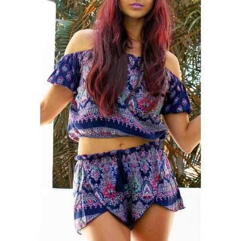 Fashion Off The Shoulder Bohemian Printed Blouse and Shorts Women's Twinset - Purple L