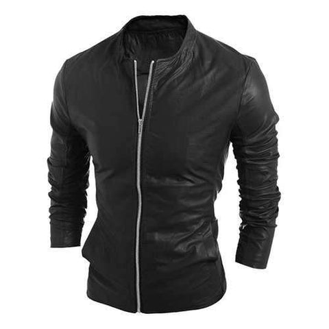 Stand Collar Solid Color Long Sleeve Men's PU-Leather Jacket - Black M