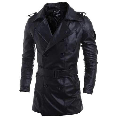 Turn-Down Collar Double-Breasted Belt PU-Leather Long Sleeve Jacket For Men - Black Xl