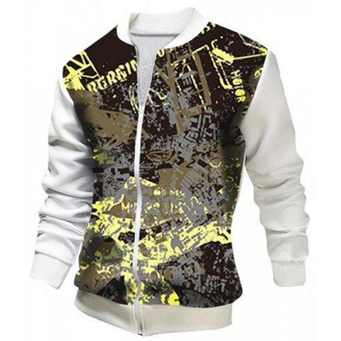 Stand Collar Letters Print Rib Splicing Long Sleeve Men's Jacket - White L