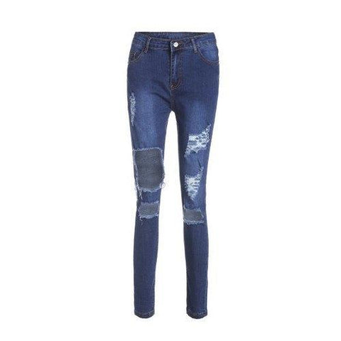 High Waisted Cut Out Frayed Knee Jeans - Blue Xl