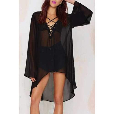 Stylish V-Neck Bell Sleeve Flared Uneven Hem Women's Blouse - Black L