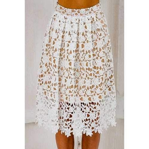 Stylish Elastic Waist Crochet Flower Lace Women's A-Line Skirt - White L