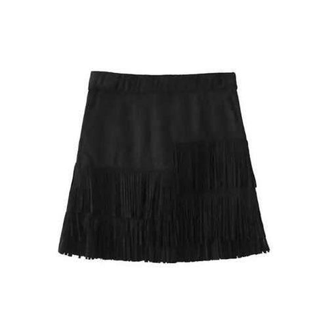 Stylish Suede Tassels Spliced Black Skirt For Women - Black S