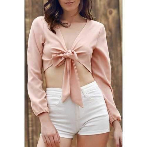 Plunging Neck Long Sleeve Self Tie Crop Top - Complexion L
