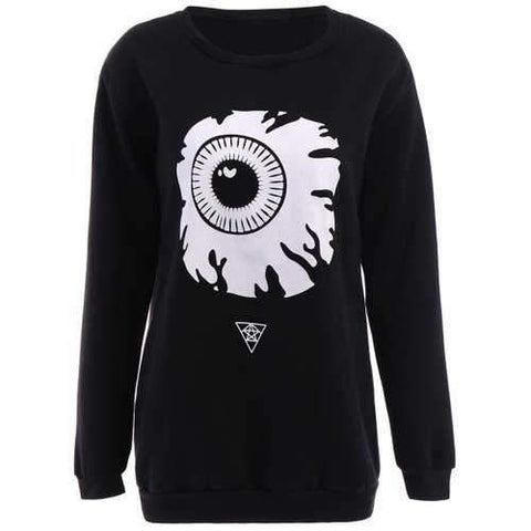 Boyfriend Style Jewel Neck Long Sleeve Eyeball Pattern Pullover Sweatshirt For Women - Black 2xl