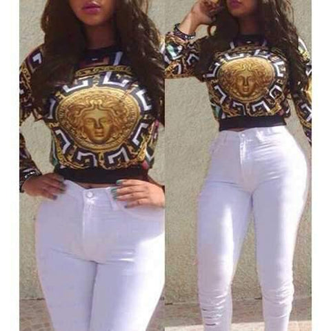 Ethnic Style Long Sleeve Tribal Printed Pullover Crop Top For Women - L