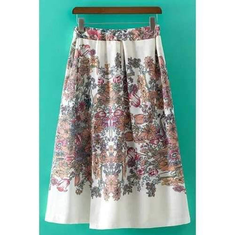Stylish High Waist Sweet Floral Print Irregular Women's Skirt - White L