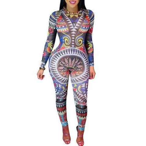Alluring Women's Round Neck Long Sleeve Tribal Print Jumpsuit - L