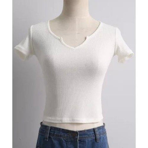 Brief V-Neck Short Sleeve Solid Color Slimming Crop Top For Women - White S