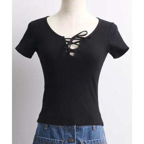 Brief Round Neck Short Sleeve Solid Color Lace-Up Crop Top For Women - Black M