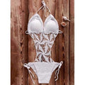 Plunging Neck Openwork Crochet Monokini One Piece Swimwear - White M