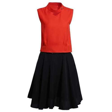 Trendy Stand Neck Jacinth Top + Flared Midi Skirt Women's Twinset - Black And Orange L