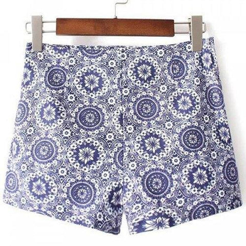 Casual High-Waisted Printed Zippered Women's Shorts - Blue 38