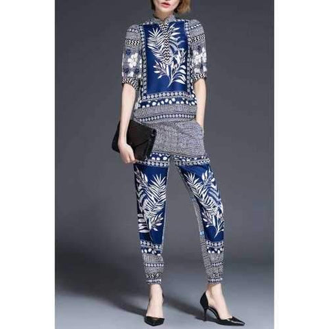 Stand Collar Plant Print Blouse and Pants Twinset - Blue L