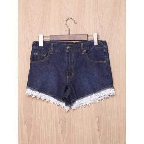 Chic High-Waisted Pocket Design Lace Spliced Women's Shorts - Deep Blue S