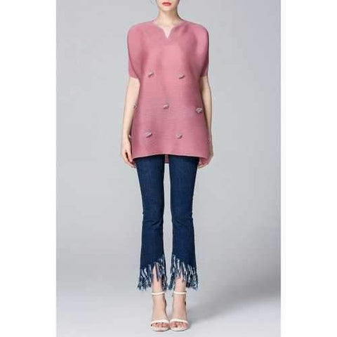 Appliqued A-Line Top + Frayed Jeans Twinset - Blue And Pink M