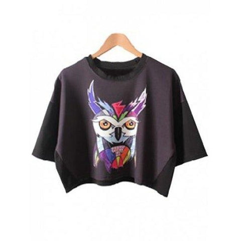 Chic Women's Bat Sleeve Owl Print Crop Top - Black One Size(fit Size Xs To M)