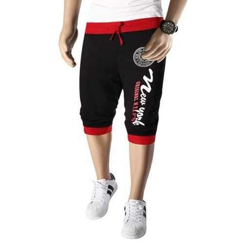 Loose Fit Beam Feet Letters Pattern Color Block Lace-Up Capri Pants For Men - Red With Black L