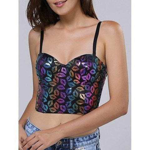 Spaghetti Strap Lip Print Crop Top - Purple S