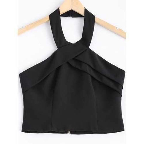 Stylish Solid Color Halter Neck Zipper Fly Crop Top For Women - Black S