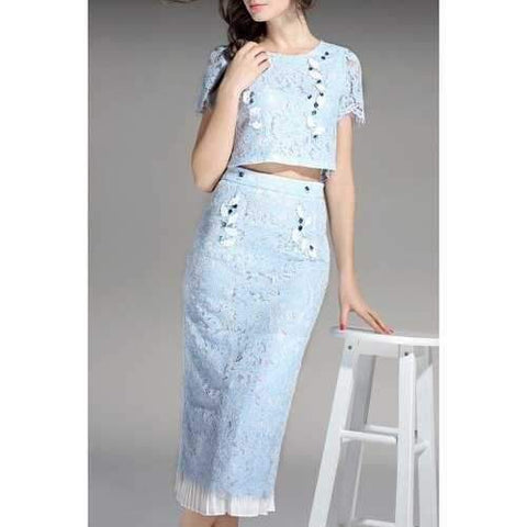 Crop Top and Lace Skirt Twinset - Light Blue M