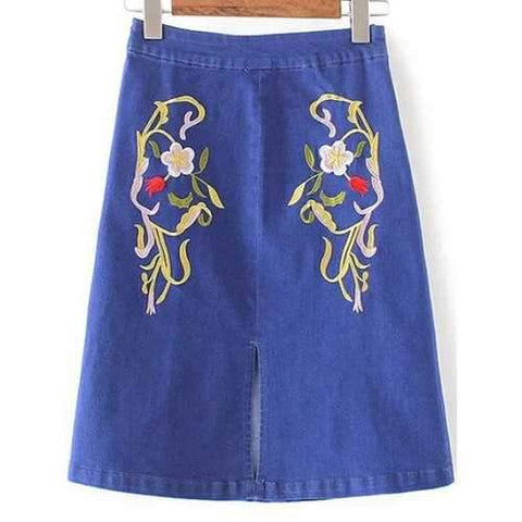 Fashion Floral Embroidery Slit Denim Skirt For Women - Denim Blue S