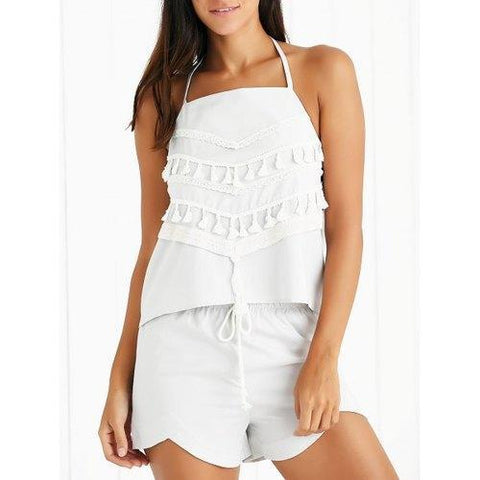 Fashion Halter Tassels Spliced Top and Drawstring Shorts Twinset For Women - Light Gray M
