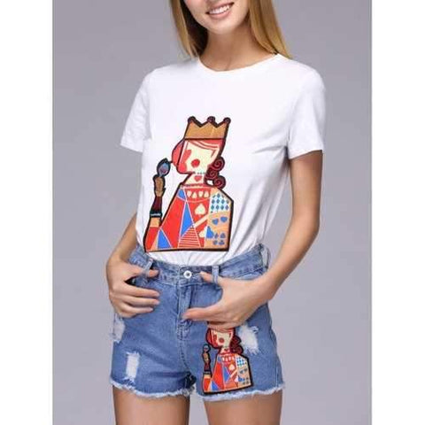 Chic Playing Card Patch Design T-Shirt + Broken Hole Shorts Women's Twinset - Blue And White S