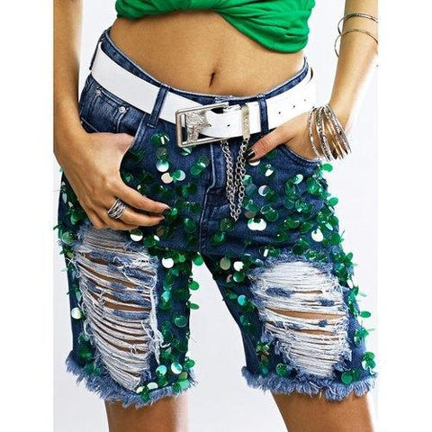 Fashionable Sequined Denim Ripped Shorts Women - Blue One Size(fit Size Xs To M)